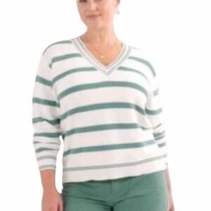 Cabi Coastal Classic Striped V Neck Cotton Blend Knit Sweater Medium Green